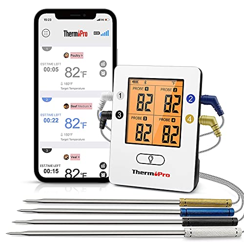 ThermoPro Bluetooth 5.0 Digital Bratenthermometer Grillthermometer Funk Fleischthermometer mit 4 Sonde für BBQ, Garraum, Smoker, Steak, Unterstützt IOS, Android, Reichweite bis zu 150m von ThermoPro