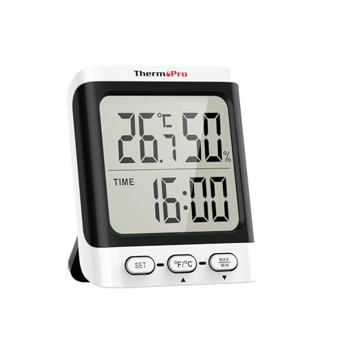 ThermoPro TP152 Thermometer Innen Hygrometer 0.5℃ Präzise Raumthermometer Uhrzeit Luftfeuchtigkeitsmesser Temperaturmessgerät Ideal für Wohnzimmer, Büro, Garage oder Gewächshaus, Schwarz von ThermoPro