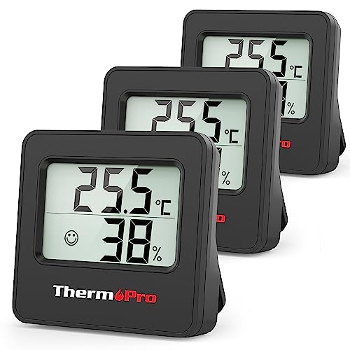 ThermoPro TP157 Mini Hygrometer Thermometer Innen 3er Set 0.5℃ Präzise Raumthermometer Luftfeuchtigkeitsmesser mit Smiley-Indikator Ideal für Wohnzimmer, Büro, Garage oder Gewächshaus, Schwarz von ThermoPro