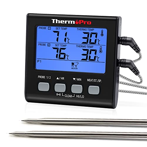 ThermoPro TP17B Digitales Grillthermometer Bratenthermometer Fleischthermometer Ofenthermometer mit Timer, Zwei Edelstahlsonden, Blaue Hinterbeleuchtung, Temperaturbereich bis 300°C, Schwarz von ThermoPro