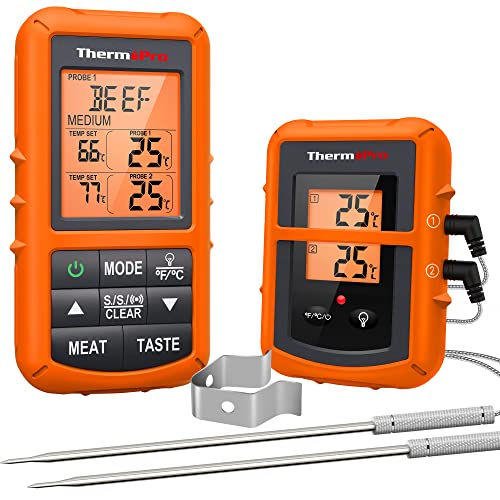 ThermoPro TP20 Digital Funk Bratenthermometer 150m Reichweite Grillthermometer Ofenthermometer Thermometer Wireless mit 2 Temperaturfühlern für BBQ, Ofen und Grills von ThermoPro