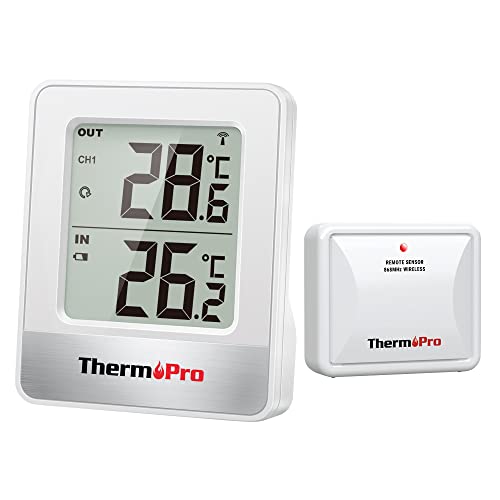 ThermoPro TP200 Funk Thermometer Innen für 2 Räume Raumthermometer mit Außensensor Temperaturmessgerät Thermometer für Innenräume Außenthermometer für Garten, Tierstall, Gewächshaus von ThermoPro