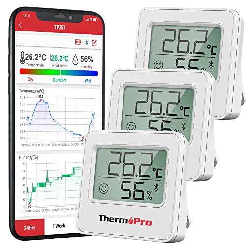 ThermoPro TP357-3 80m Bluetooth Hygrometer Innen 3er Set Raumthermometer Digital mit APP Mini Luftfeuchtigkeitsmesser mit Smiley-Indikator Datengrafik für Innenraum, Büro, Weinkeller, Gewächshaus von ThermoPro