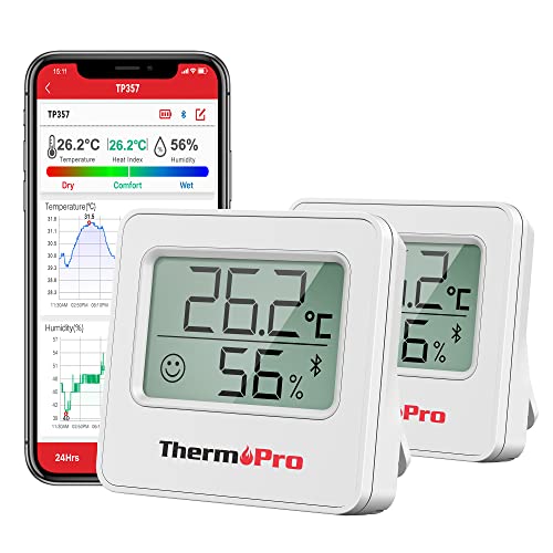 ThermoPro TP357 80m Bluetooth Hygrometer Innen 2er-Set Raumthermometer Digital mit APP Mini Luftfeuchtigkeitsmesser mit Smiley-Indikator Datengrafik für Innenraum, Büro, Weinkeller, Gewächshaus von ThermoPro