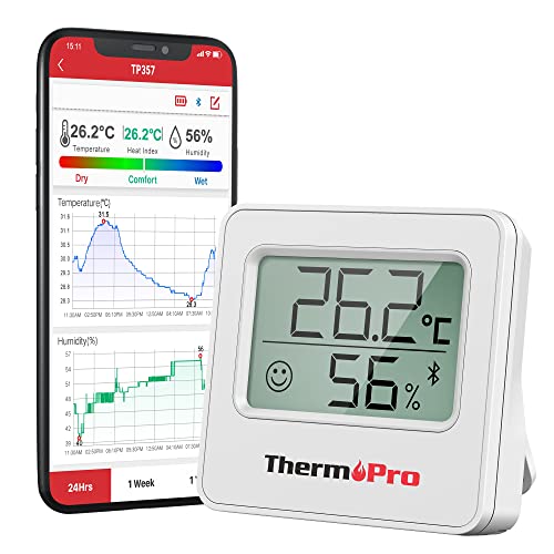ThermoPro TP357 80m Bluetooth Hygrometer Innen Raumthermometer Digital mit APP Mini Luftfeuchtigkeitsmesser mit Smiley-Indikator Datengrafik für Innenraum, Büro, Weinkeller, Gewächshaus von ThermoPro