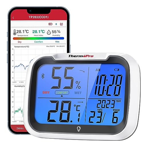 ThermoPro TP393 Bluetooth Hygrometer Thermometer Innen ±0.5℃ Luftfeuchtigkeitsmesser mit Uhrzeit Datum Thermometer für Innenräume, Büro, Großes Display Blau von ThermoPro