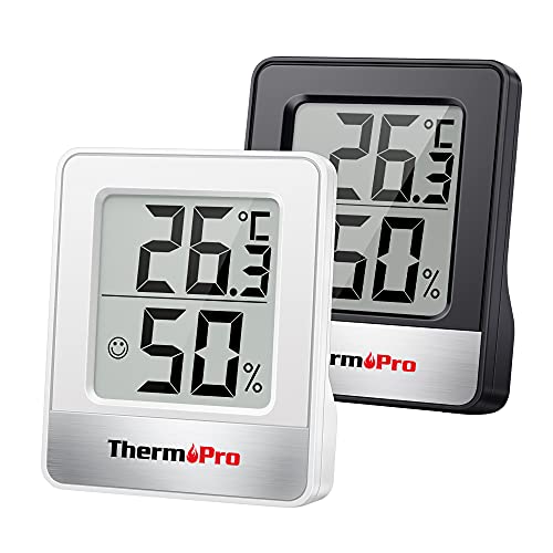 ThermoPro TP49 digitales Mini Thermo-Hygrometer 2er Set Innen Thermometer Hygrometer Temperatur und Luftfeuchtigkeitmessgerät mit Raumklima-Indikator für Raumklimakontrolle, Schwarz+Weiß von ThermoPro