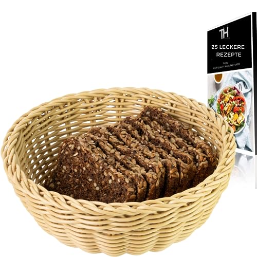 Thiru Aufbewahrungskorb Brotkorb (Beige rund Ø 23) - handgeflochten modern - Multifunktional als Obstkorb Geschenkkorb Aufbewahrungskorb oder für das Bad - inkl. 25 Brotrezepte von Thiru