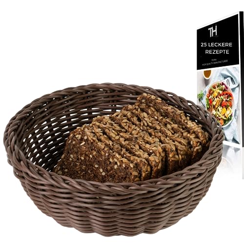 Thiru Aufbewahrungskorb Brotkorb (Braun rund Ø 23) - handgeflochten modern - Multifunktional als Obstkorb Geschenkkorb Aufbewahrungskorb oder für das Bad - inkl. 25 Brotrezepte von Thiru