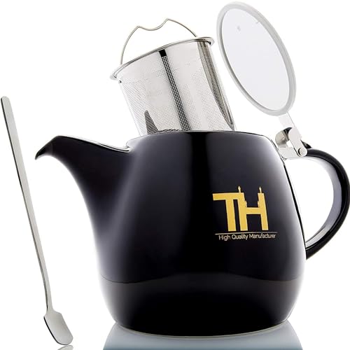 Thiru Design Teekanne mit Edelstahl Siebeinsatz 1,2L - Handgefertigte Premium Teekanne Porzellan Keramik - neuer Deckel - Sieb herausnehmbar - Modell 2023 von Thiru