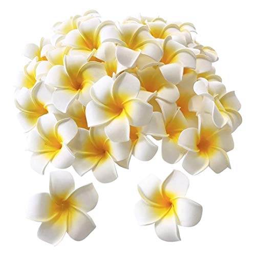 Tiamu 100 Stücke Hawaiian Frangipani Künstliche Plumeria Blüten Haar Hut Kranz Blume Clips für Mädchen Hochzeits, DIY Weihnachts Girlande, Beach Esstisch Party Deko, Hawaii Haarklammer 5cm von Tiamu