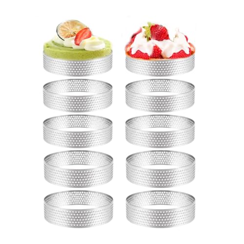 Tiamu 10Pcs Edelstahl Tortenring Tower Pie Kuchenform Backwerkzeuge, Perforiert Schimmel Torte Mousse Ring Crumpets Ringe 10cm Runde Frucht Dessert Quiche Kreisform, DIY Backen Werkzeuge von Tiamu