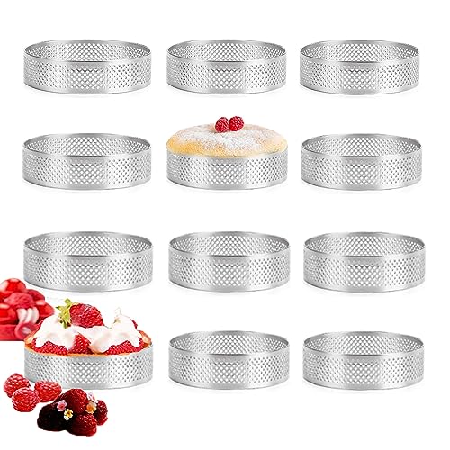 Tiamu 12 Pack Perforierte Tortenringe Tartelette Förmchen, Runde Mousse Kuchenform Dessertringe Edelstahl, Französisch Crumpets Ringe Pie Quiche Backringe für DIY Geburtstags, Weihnachten Party(8cm) von Tiamu