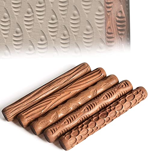 Tiamu 5 Stück Töpferwerkzeuge Ton Modelliermuster Hand Roller, Ton Stempel, Präge Walzen Rollen Mit Gemischten Mustern, Geprägte Stempel(Tree Leaf, Wood Grain, Cobblestone, Wave) von Tiamu