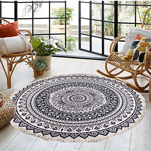 Tiamu Boho Mandala Teppich Wohnzimmer, Grau Runder Teppich mit Quaste, Vintage Gebetsteppich, Couchtisch Fußmatten, Aesthetic Baumwollteppich Deko für Flur, Badezimmer, Balkon, Garten(90 * 90CM) von Tiamu