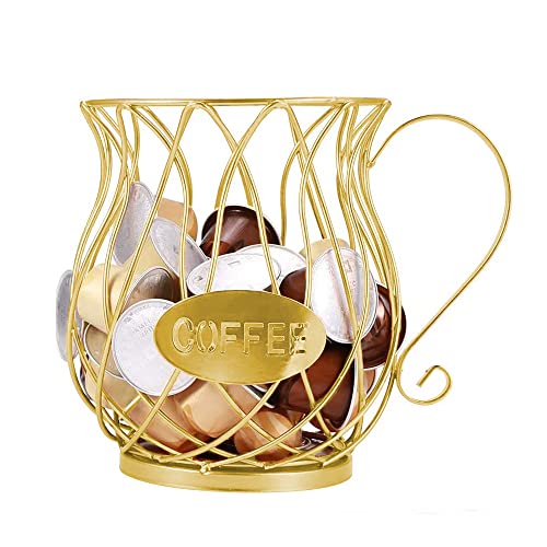 Tiamu Gold Kaffeekapselkorb,Kaffeekapsel-Organizer Kaffeetasse Form, Aufbewahrungskorb Schmiedeeiserne Dekor Espresso Kaffee Pod Halter, Kaffee Kapsel Lagerung Korb für Theke, Kaffeebar von Tiamu