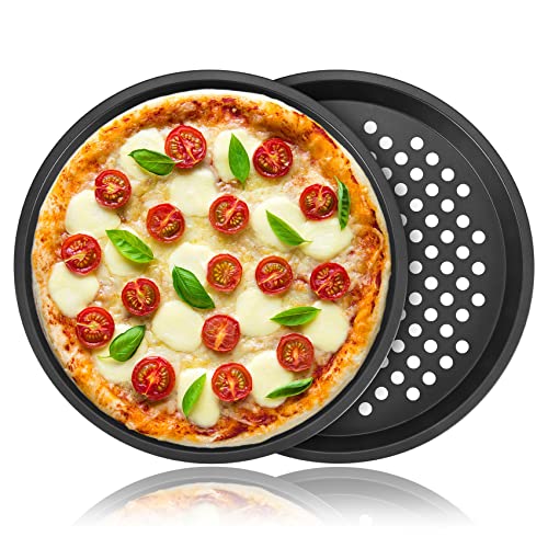 Tiamu Pizzablech Rund 28cm, 2er Set Backstahl Pizzapfanne Antihaftbacken Backblech für Backofen, Pizza Pan für Pizzaschieber & Flammkuchen, Küche Pizzabackbleche Rund, Geschenk von Tiamu