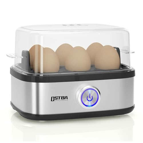 OSTBA Eierkocher Edelstahl, 400W Kompakter Eierkocher Multifunktional, 6 Eier leicht zu pellen, weich, mittel, hart gekocht, Eierbecher, Omelett-Maker, Dampfgarer, Signalton, Kontrollleuchte von Tiastar