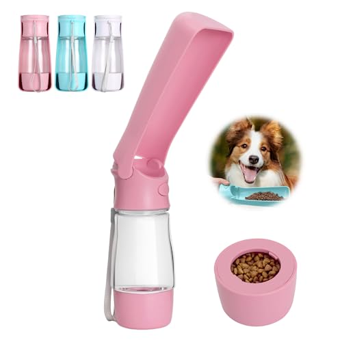 Hund Wasserflasche Travel tragbar faltbar Haustier Wasserflasche mit Futterbehälter Trink-Futterspender für Haustiere Reisen, Wandern | Kompakt langlebig leicht auslaufsicher - Rosa/Blau (Rosa) von Ticfly