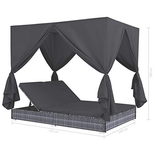 Tidyard Outdoor-Lounge-Bett mit Vorhängen Witterungsbeständig Outdoor-Tagesbett Doppel-Chaiselongue Doppelliege Rattenliege Gartenliege Rattanliege Sonneninsel Poly Rattan Grau 197 x 140 x 180 cm von Tidyard