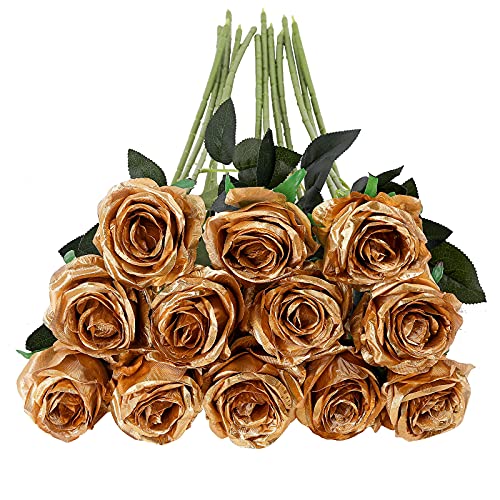 Tifuly 12 PCS Künstliche Rosen, 19,68 '' Single Long Stem Fake Rose Seide Braut Hochzeitsstrauß Realistische Blume für Hausgarten Party Hotel Büro Dekor (Blossom Roses, Gold) von Tifuly