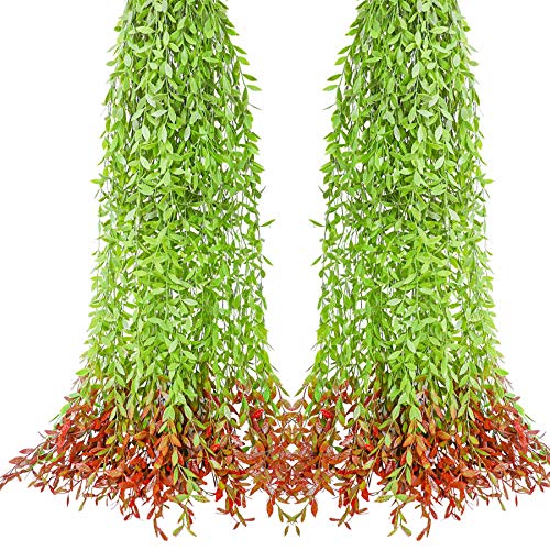 Tifuly 12 Pcs künstliche Efeuranken, 40 '' gefälschte Lange grüne Girlande Feigenblätter mit insgesamt 60 Plastikstielen, die für Haushochzeitsfeier Gartenwand Hotel Dekor hängen,Roter Schwanz von Tifuly