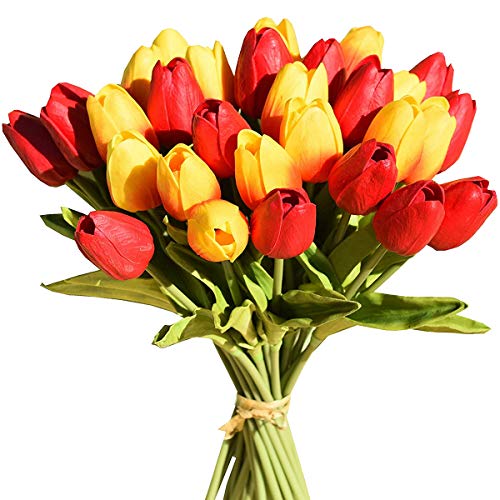 Tifuly 24 Stück künstliche Tulpen, realistische Latex-Tulpe mit weichem PU-Stiel, Elegante Blumendekoration für Brautsträuße, Haus, Party, Büro, DIY Blumenarrangements(Rot Sonnenuntergang) von Tifuly
