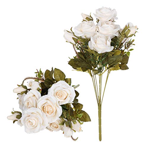 Tifuly 2 Stück künstliche Rosen, 12 mehrere Blütenköpfe gefälschte Seide Rose für Herbst und Winter Home Office Hotel Dekor, Blumenschmuck, Hochzeitssträuße (Cremeweiß) von Tifuly
