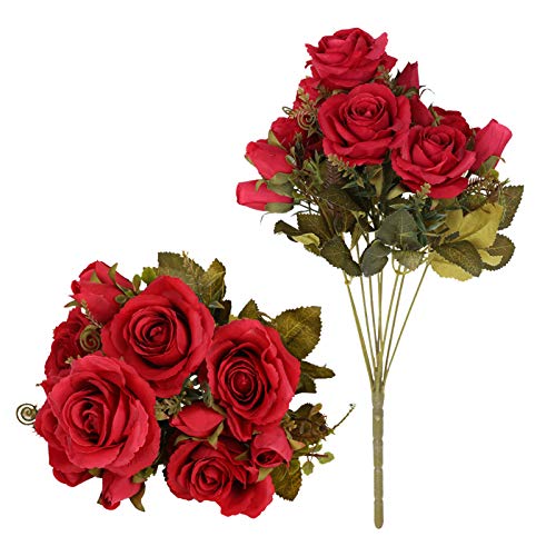 Tifuly 2 Stück künstliche Rosen, 12 mehrere Blütenköpfe gefälschte Seide Rose für Herbst und Winter Home Office Hotel Dekor, Blumenschmuck, Hochzeitssträuße (Rot) von Tifuly