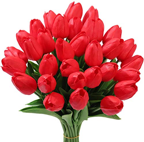 Tifuly 24 Stück künstliche Tulpen, realistische Latex-Tulpe mit weichem PU-Stiel, elegante Blumendekoration für Brautsträuße, Haus, Party, Büro, DIY Blumenarrangements(Rot) von Tifuly
