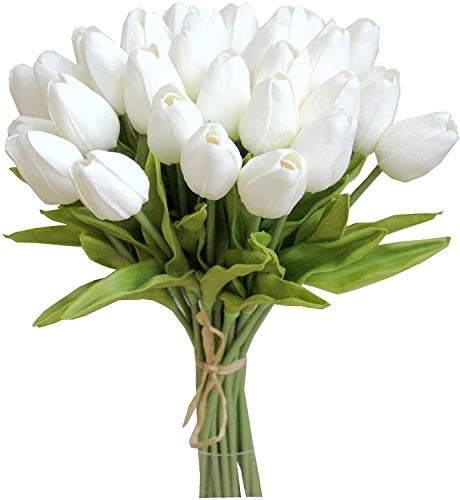 Tifuly 24 Stück künstliche Tulpen, realistische Latex-Tulpe mit weichem PU-Stiel, Elegante Blumendekoration für Brautsträuße, Haus, Party, Büro, DIY Blumenarrangements(Weiß) von Tifuly