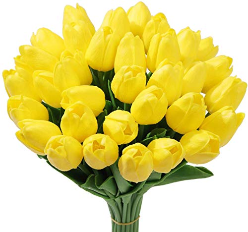 Tifuly 24Stück künstliche Tulpen, realistische Latex-Tulpe mit weichem PU-Stiel, elegante Blumendekoration für Brautsträuße, Haus, Party, Büro, DIY Blumenarrangements(Gelb) von Tifuly