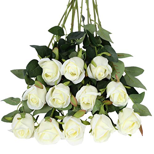 Tifuly Rosen Künstliche Blumen 12 Pcs Seide Künstliche Rose Blumen Gefälschte Blumen für Brautstrauss Haus Hochzeits Party Deko DIY(Weiß) von Tifuly