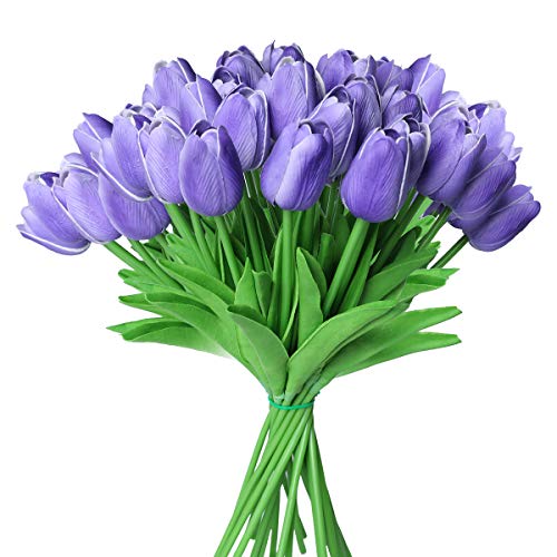 Tifuly künstliche Tulpen, realistische Latex-Tulpe mit weichem PU-Stiel, Elegante Blumendekoration für Brautsträuße, Haus, Party, Büro, DIY Blumenarrangements (Lila-24 Stück) von Tifuly