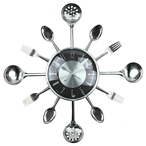 Timelike Küchenuhr mit Glas, Edelstahl 3D Löffel-Gabel-Besteck-Design, Abnehmbarer, Heimdekoration Besteck-Design Uhr Cutlery Kitchen Wall Clock von Timelike