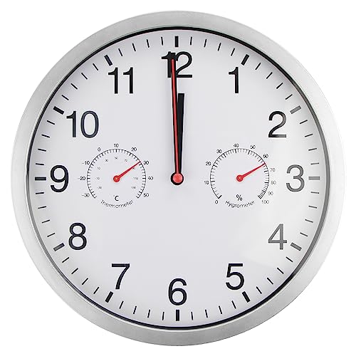 Wanduhr Geräuschlosem Uhrwerk mit Temperaturanzeige und Luftfeuchtigkeit Moderne Ohne Tickgeräusche Lautlos Edelstahlrahmen Uhr für Küche Wohnzimmer Badezimmer Schlafzimmer (Silber+Weiß) von Timelike