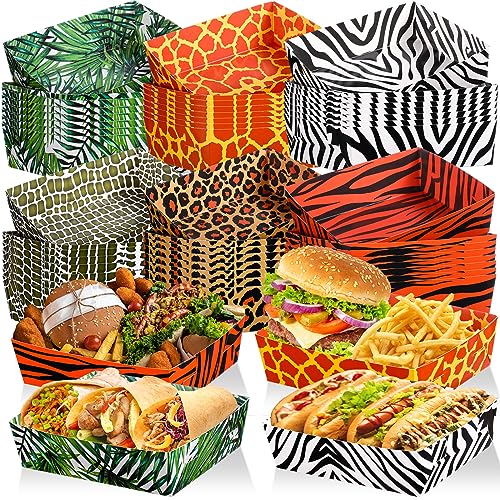 Tioncy 48 Stück Safari-Tierdruck-Papiertabletts 2,3 kg große Papier-Nacho-Boote Einweg-Snack-Tabletts für Burger Pommes Frites, Hot Dog BBQ für Babyparty, Geburtstag, Safari-Party von Tioncy