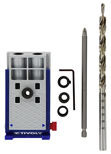 Tivoly 11110220006 Set 8-teilig "unsichtbare Montage", mit Winkelführung 15°, Stufenbohrer, Ø9,5 x 200 mm, Schrauberbits Pz2 Lg 150 mm von Tivoly