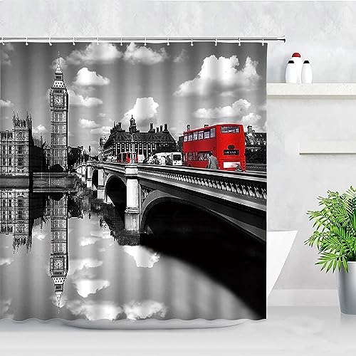 Tizhweqo Duschvorhang 200x200 London Duschvorhang London Badezimmer Vorhang Antischimmel Wasserdicht 3D Effekt Duschvorhänge Textil Polyester Stoff für Badewannen mit Haken von Tizhweqo