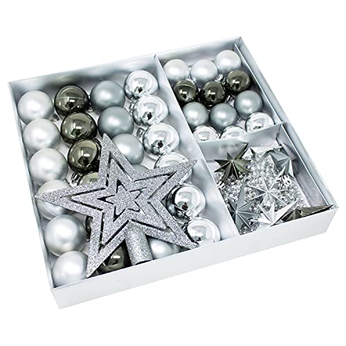 ToCi Christbaumschmuck Weihnachtskugeln Sterne Perlenkette 45 Teiliges Set (Grau-Graphit) von ToCi