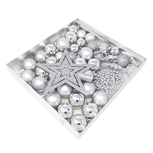 ToCi Christbaumschmuck Weihnachtskugeln Sterne Perlenkette 45 Teiliges Set (Silber) von ToCi