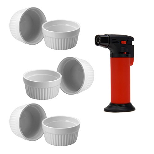 ToCi Soufflé Förmchen 7-teiliges Set Ø 9 cm | 6 x Creme Brulee Schälchen | 1 x Flambiergerät | Ofenfeste Keramik Förmchen je 185 ml | Dessertschalen Pastetenförmchen für Ragout Fin von ToCi