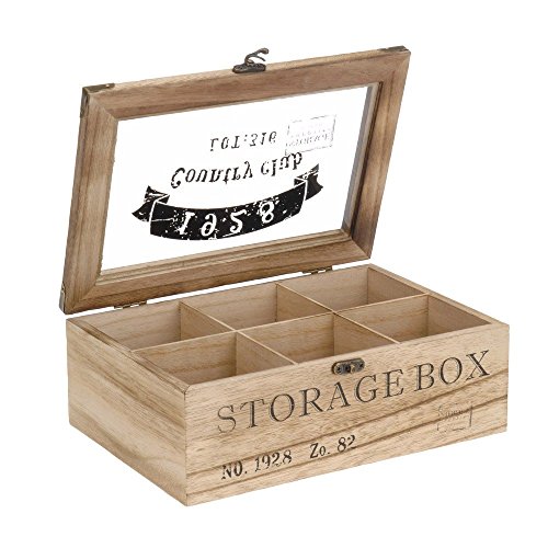 ToCi Teebox Holz Natur mit 6 Fächern | Rechteckige Teekiste Teedose Teebeutel Box Aufbewahrung | 24 x 16 x 8,5 cm (LxBxH) | „Storage Box“ im Retro Look von ToCi