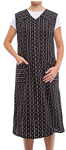 Tobeni Damen Kittelschürze lang mit Reissverschluss und Taschen ohne Arm 100% Baumwolle Farbe Schwarz-Weiss-Design1 von Tobeni