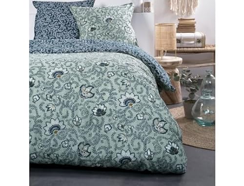 TODAY Bettwäsche für Doppelbett, Bedruckt mit Blättern und Blumen, aus Baumwolle, Sunshine, Blau, 220 x 240 cm von Today