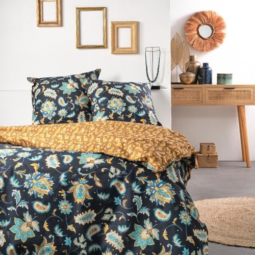 TODAY Sunshine Wende-Bettwäsche für Doppelbett, aus Baumwolle, Bedruckt mit Blumen, Mandalas-Stil – Blau/Gelb – 240 x 220 cm von Today