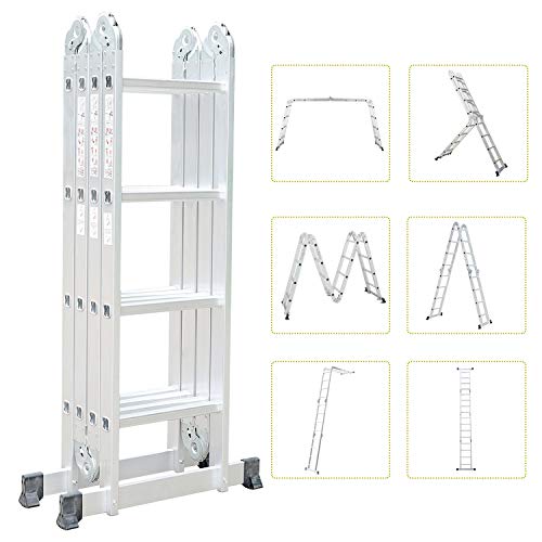 Todeco 6 in 1 Leiter Multifunktionsleiter, 4,78 m Mehrzweckleiter Arbeitsbühne 16 Stufig aus Alu, bis 150 kg, EN 131, Höhe: 1,28-4,78 m von Todeco