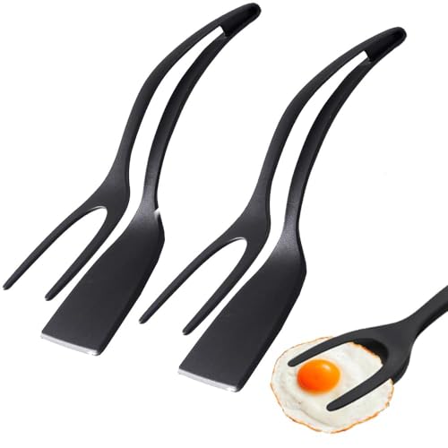 2 in 1 Easy Egg Flipper, Upgrade Spiegeleier Flipper Spatel, Antihaft Flipper Eierwender, Antihaft-Lebensmittelklammer zum Greifen und Wenden von Spiegeleiern, Pfannkuchen, Brot etc (2Pcs Schwarz) von Toerjii