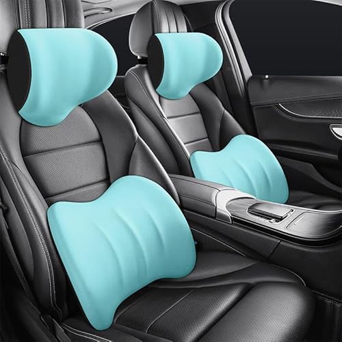 Toerjii Ergonomische Kopfstütze und Lendenkissen für Autositze, Memory Foam Sitzkissen Auto, Lendenkissen Rückenstütze Kissen Rückenstützkissen Zur Rückenentlastung (Blau, Kopfstütze + Lumbalkissen) von Toerjii