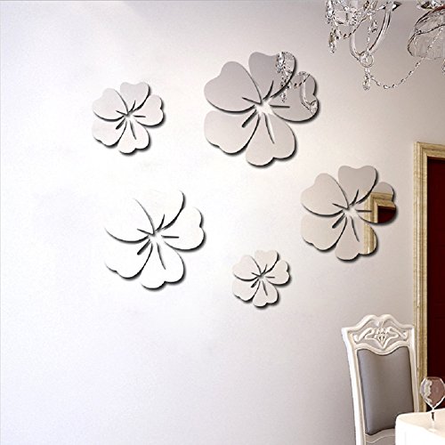 Toifucos Spiegel Wandaufkleber, DIY 3D Hibiskus Blume Spiegel Wandtattoo Entfernbar Wandsticker, 5 pcs Hibiskus Blume (Silber) von Toifucos